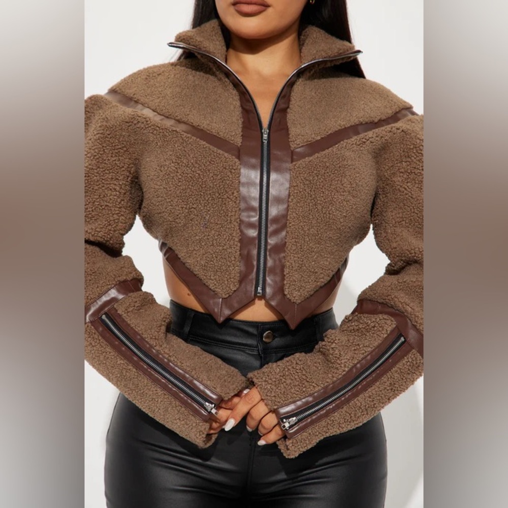 Fashion Nova Brown Teddy Jacket with Leather Details